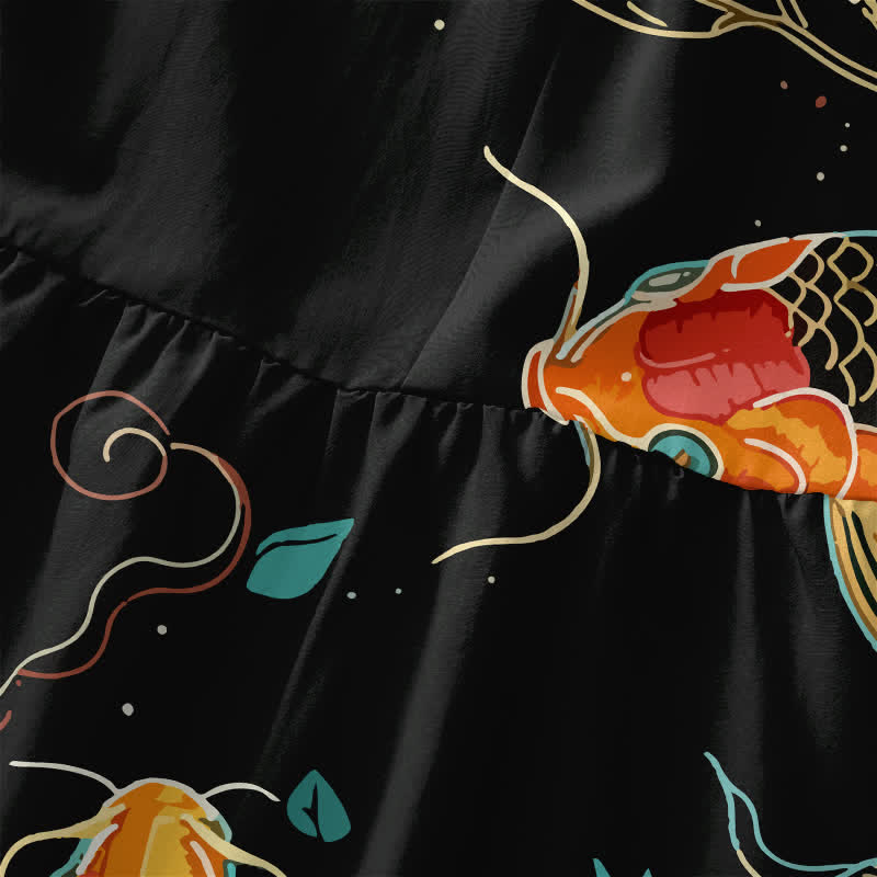 Buddha Stones Vestido midi de verano informal para mujer con estampado floral de olas y peces koi, sin mangas y con bolsillos. - image 1
