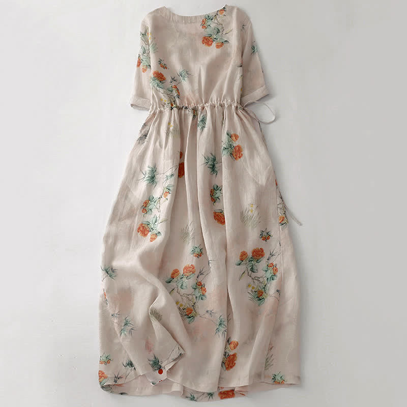 Buddha Stones Vestido de mujer de manga corta, cuello redondo, estampado floral beige, estilo vintage de verano, con cordón ajustable y bolsillo. - image 1