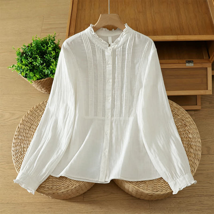 Buddha Stones Camisas de manga larga de algodón liso con pliegues y botones, estilo vintage elegante para otoño. - Blanco - US12, UK/AU16, EU44 (2XL) - image 8
