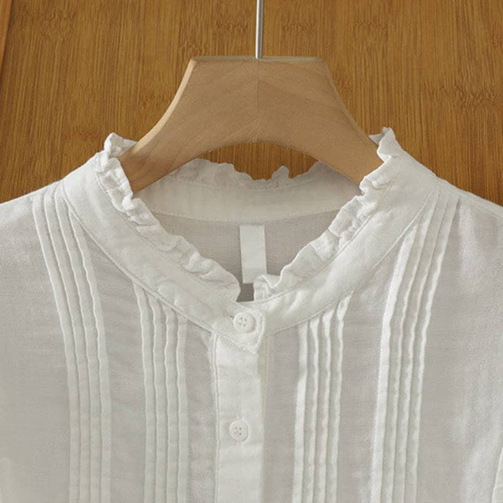 Buddha Stones Camisas de manga larga de algodón liso con pliegues y botones, estilo vintage elegante para otoño. - image 10