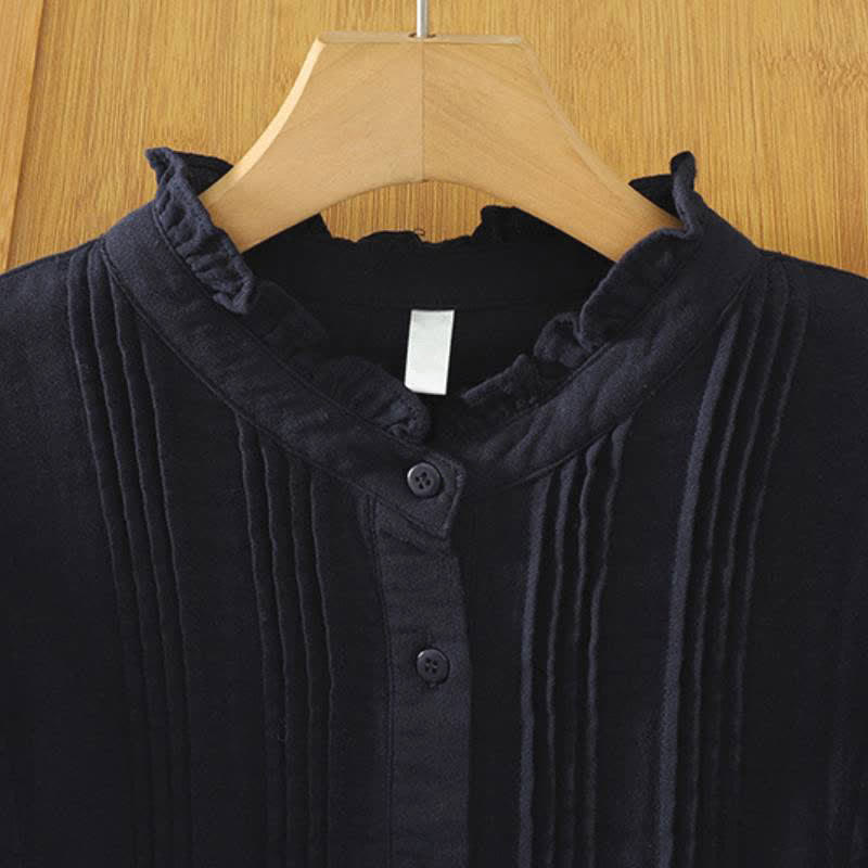 Buddha Stones Camisas de manga larga de algodón liso con pliegues y botones, estilo vintage elegante para otoño. - image 5