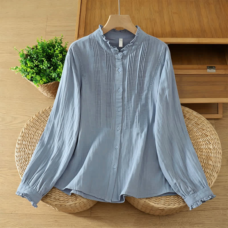 Buddha Stones Camisas de manga larga de algodón liso con pliegues y botones, estilo vintage elegante para otoño. - Azul acero claro - US12, UK/AU16, EU44 (2XL) - image 0