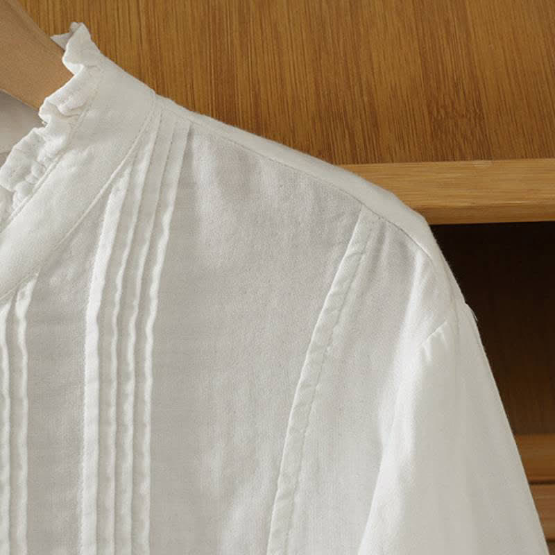 Buddha Stones Camisas de manga larga de algodón liso con pliegues y botones, estilo vintage elegante para otoño. - image 12