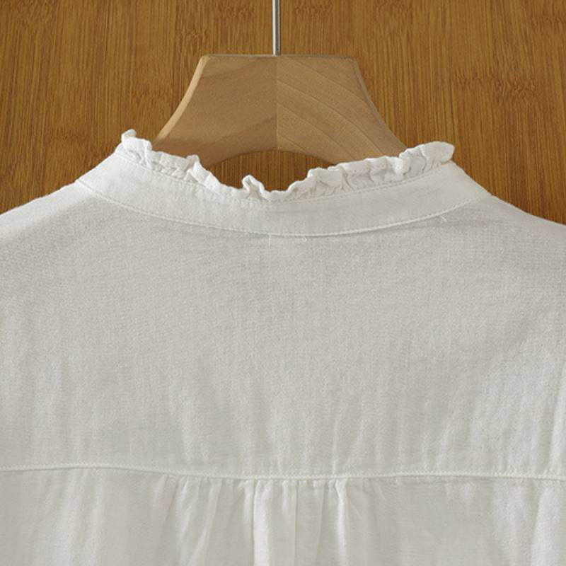 Buddha Stones Camisas de manga larga de algodón liso con pliegues y botones, estilo vintage elegante para otoño. - image 11