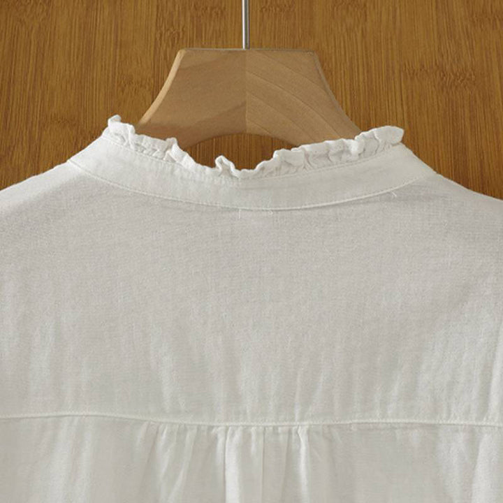 Buddha Stones Camisas de manga larga de algodón liso con pliegues y botones, estilo vintage elegante para otoño. - image 11