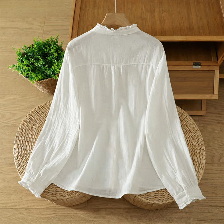 Buddha Stones Camisas de manga larga de algodón liso con pliegues y botones, estilo vintage elegante para otoño. - image 9