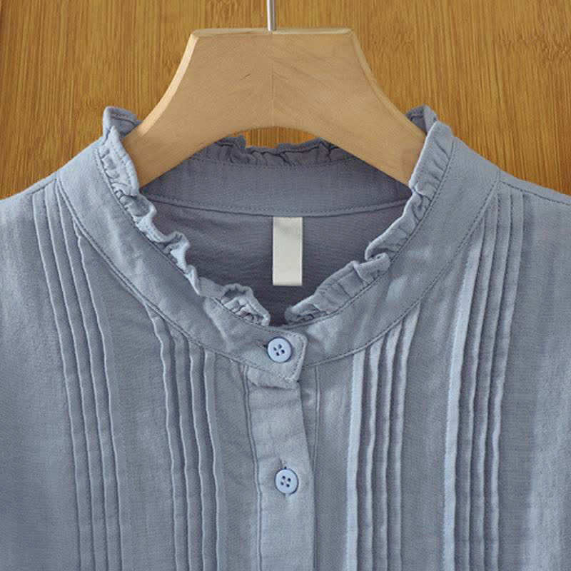 Buddha Stones Camisas de manga larga de algodón liso con pliegues y botones, estilo vintage elegante para otoño. - image 1