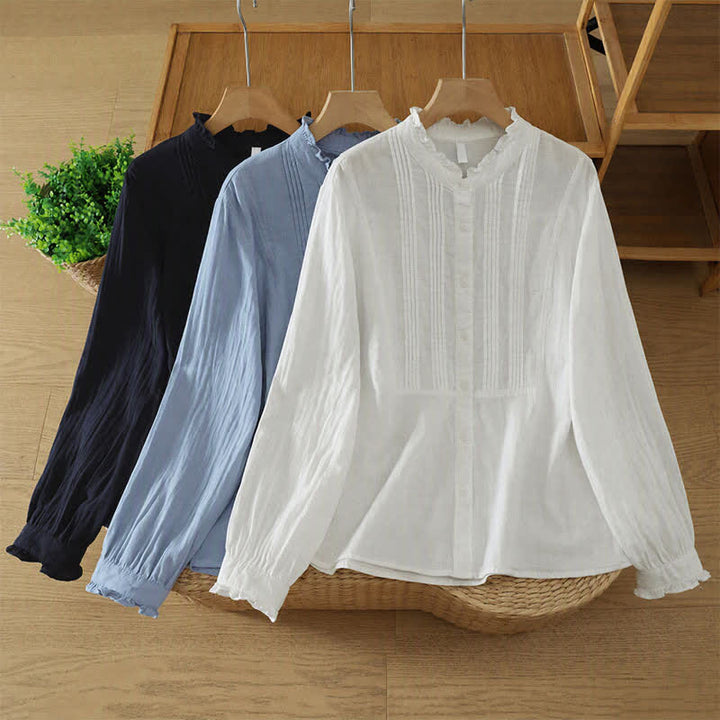 Buddha Stones Camisas de manga larga de algodón liso con pliegues y botones, estilo vintage elegante para otoño. - image 17