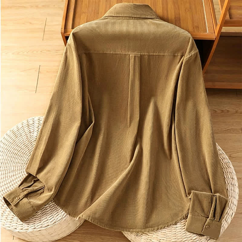 Buddha Stones Camisas de manga larga de pana lisas con botones para mujer, estilo vintage de otoño/invierno, con bolsillo. - image 1