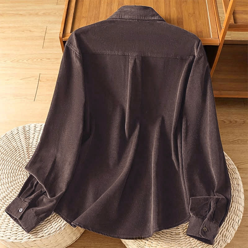 Buddha Stones Camisas de manga larga de pana lisas con botones para mujer, estilo vintage de otoño/invierno, con bolsillo. - image 10