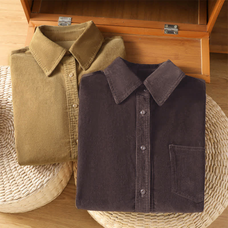 Buddha Stones Camisas de manga larga de pana lisas con botones para mujer, estilo vintage de otoño/invierno, con bolsillo. - image 18