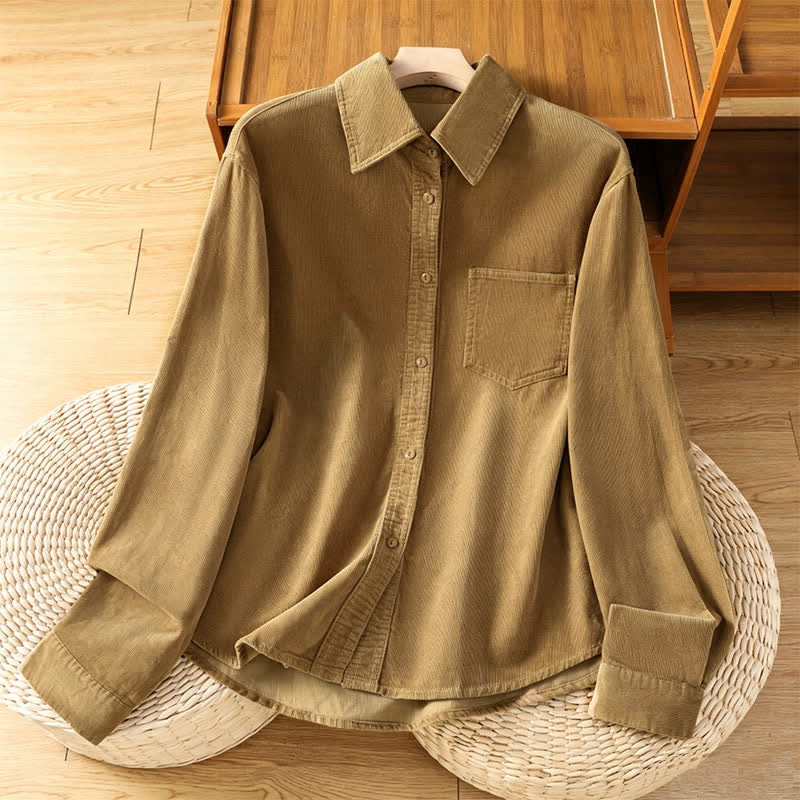 Buddha Stones Camisas de manga larga de pana lisas con botones para mujer, estilo vintage de otoño/invierno, con bolsillo. - Perú - US8-10, UK/AU12-14, EU40-42 (2XL) - image 0