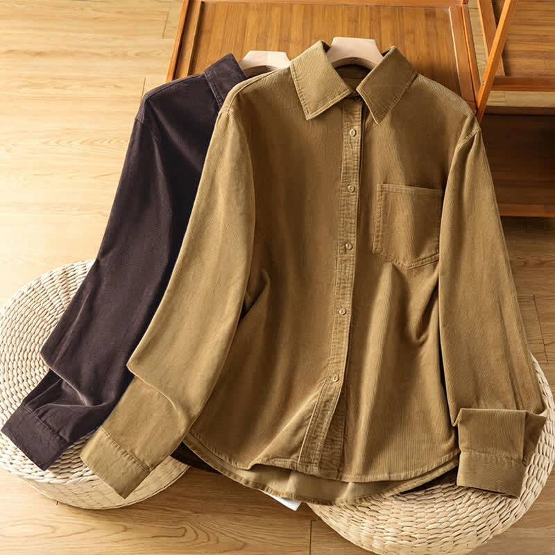 Buddha Stones Camisas de manga larga de pana lisas con botones para mujer, estilo vintage de otoño/invierno, con bolsillo. - image 17