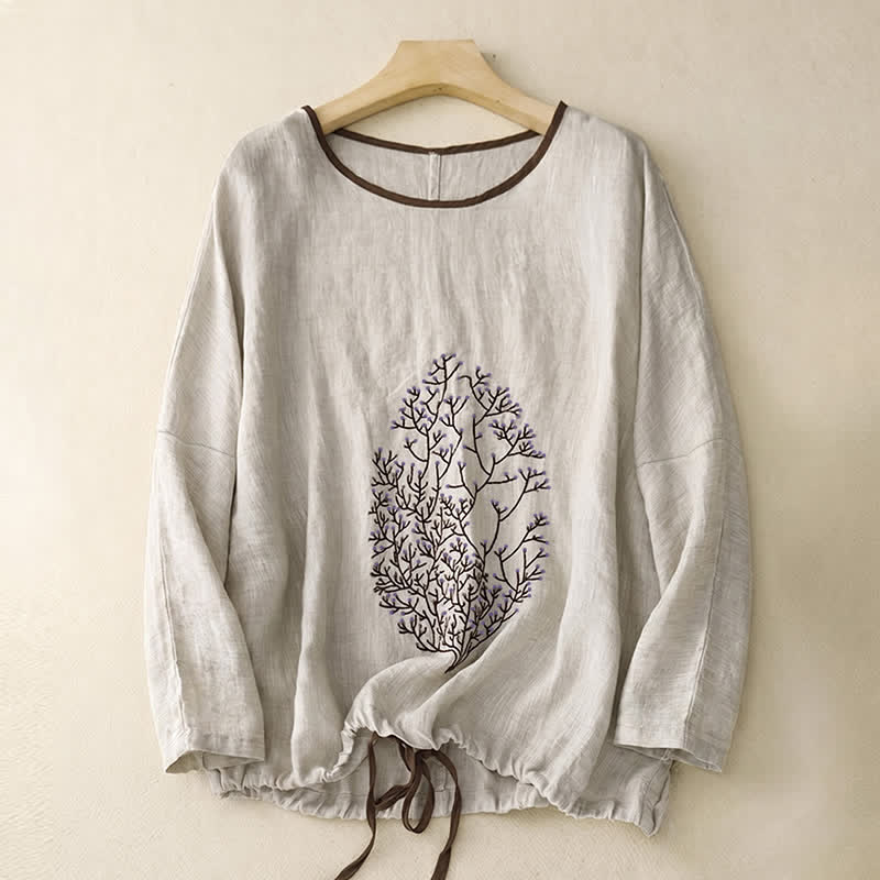 Buddha Stones Camiseta de manga larga para mujer, de algodón y lino, con cuello redondo, diseño informal de bordado de árbol y cordón ajustable, ideal para primavera y otoño. - image 1