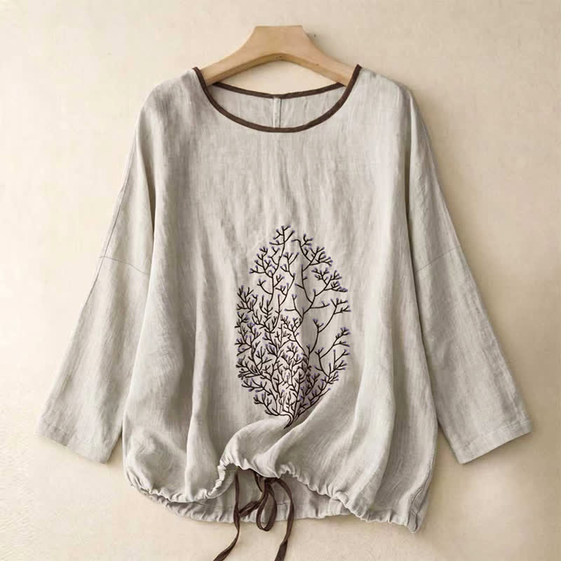 Buddha Stones Camiseta de manga larga para mujer, de algodón y lino, con cuello redondo, diseño informal de bordado de árbol y cordón ajustable, ideal para primavera y otoño. - Gris claro - US14，UK/AU18，EU46 (2XL) - image 0