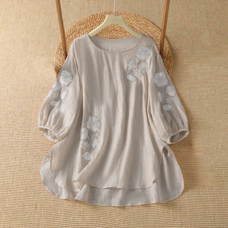 Buddha Stones Camiseta de manga larga para mujer, estilo casual de verano, elegante, con bordado floral blanco y cuello redondo. - Rosa Misty - US14, UK/AU18, EU46 (2XL) - image 0