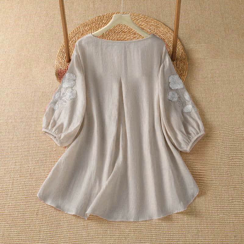 Buddha Stones Camiseta de manga larga para mujer, estilo casual de verano, elegante, con bordado floral blanco y cuello redondo. - image 1