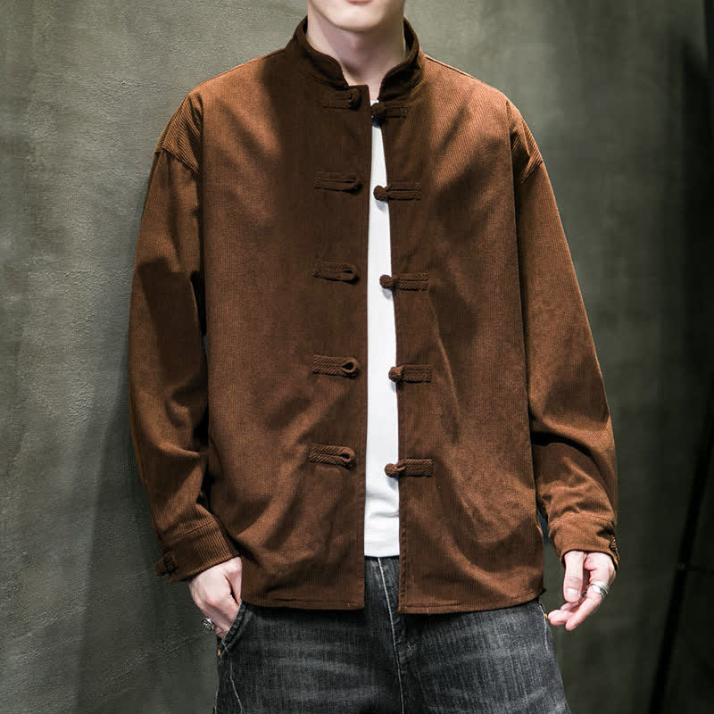 Buddha Stones Chaqueta de hombre de algodón liso con botones de rana, estilo casual de otoño/invierno. - Tierra de siena - US/UK/AU46, EU56 (5XL) - image 0