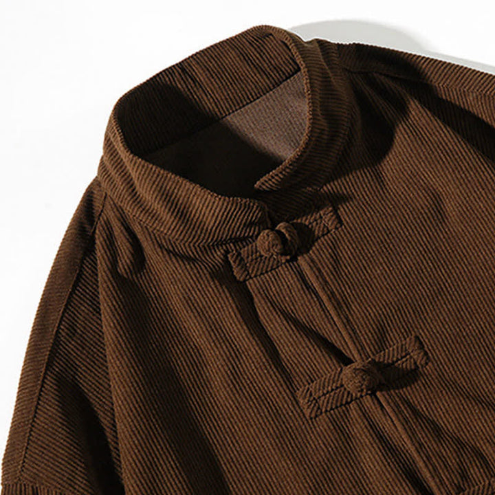Buddha Stones Chaqueta de hombre de algodón liso con botones de rana, estilo casual de otoño/invierno. - image 11