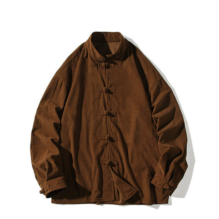 Buddha Stones Chaqueta de hombre de algodón liso con botones de rana, estilo casual de otoño/invierno. - image 10