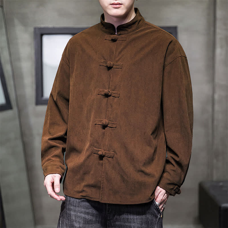Buddha Stones Chaqueta de hombre de algodón liso con botones de rana, estilo casual de otoño/invierno. - image 1