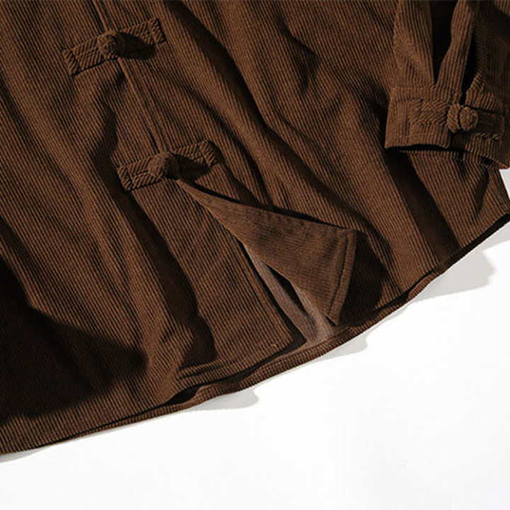 Buddha Stones Chaqueta de hombre de algodón liso con botones de rana, estilo casual de otoño/invierno. - image 13