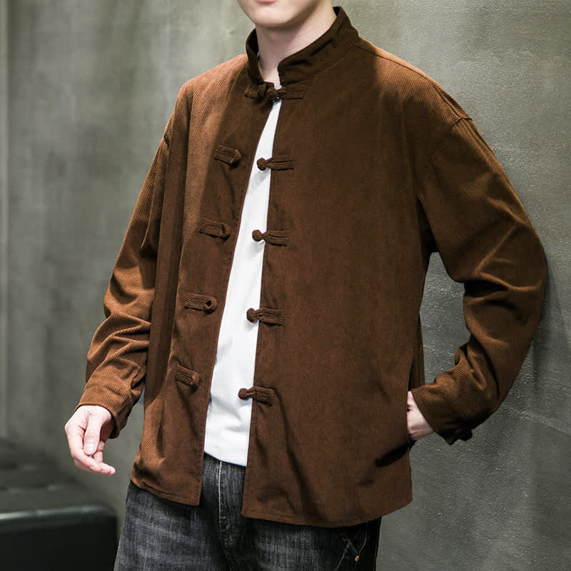 Buddha Stones Chaqueta de hombre de algodón liso con botones de rana, estilo casual de otoño/invierno. - image 2
