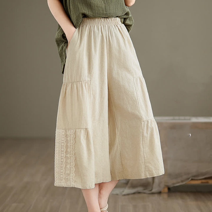 Pantalones cortos de mujer de algodón con estampado de Buddha Stones, encaje liso y pernera ancha, con bolsillos. - image 4