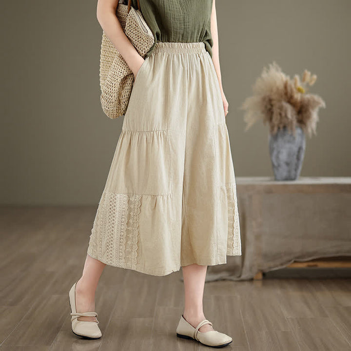 Pantalones cortos de mujer de algodón con estampado de Buddha Stones, encaje liso y pernera ancha, con bolsillos. - Beige - US8-10，UK/AU12-14，EU40-42 (2XL) - image 0