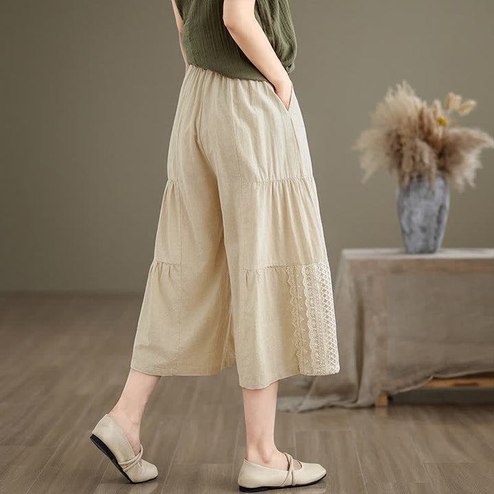 Pantalones cortos de mujer de algodón con estampado de Buddha Stones, encaje liso y pernera ancha, con bolsillos. - image 3