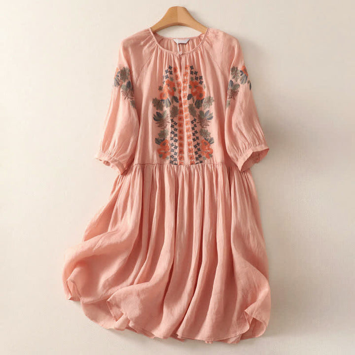 Buddha Stones Vestido de mujer de manga tres cuartos con bordado floral estilo boho para verano - Salmón claro - US12, UK/AU16, EU44 (2XL) - image 0