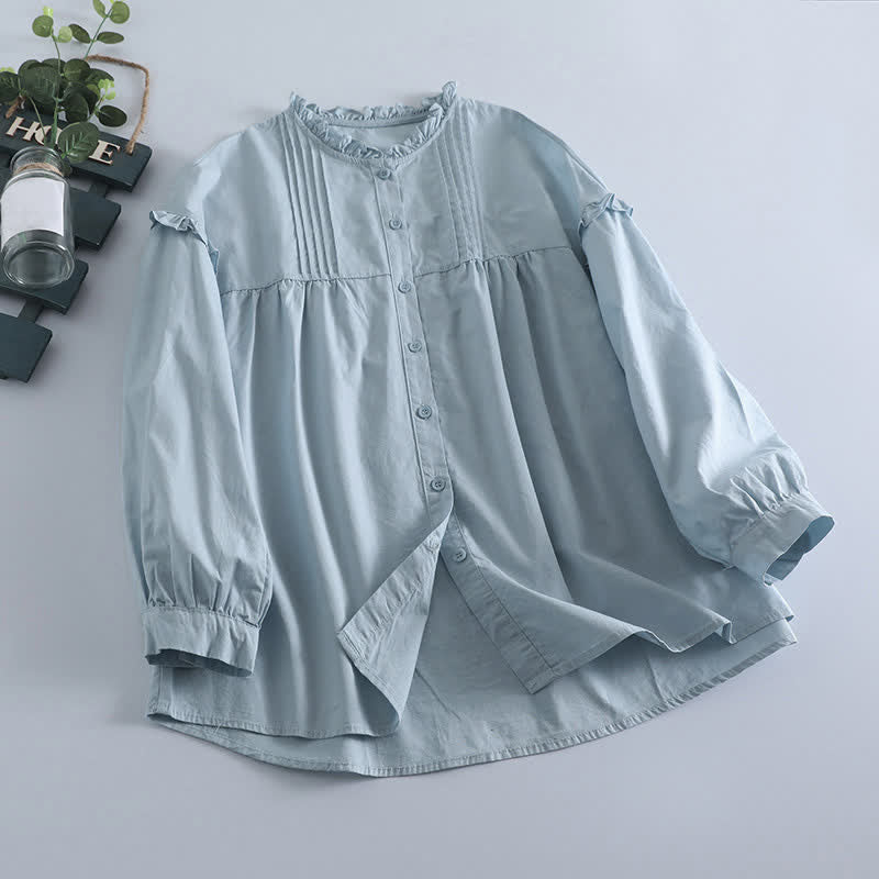 Buddha Stones Camisa de manga larga plisada de manga larga para mujer, estilo vintage informal de primavera con botones. - Azul claro - US8-10, UK/AU12-14, EU40-42 (2XL) - image 0