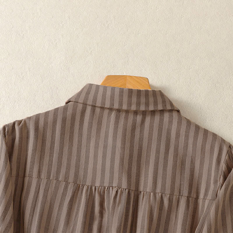 Buddha Stones Camisa de manga corta a rayas para mujer, estilo casual de verano, con botones y bolsillo de parche. - image 18
