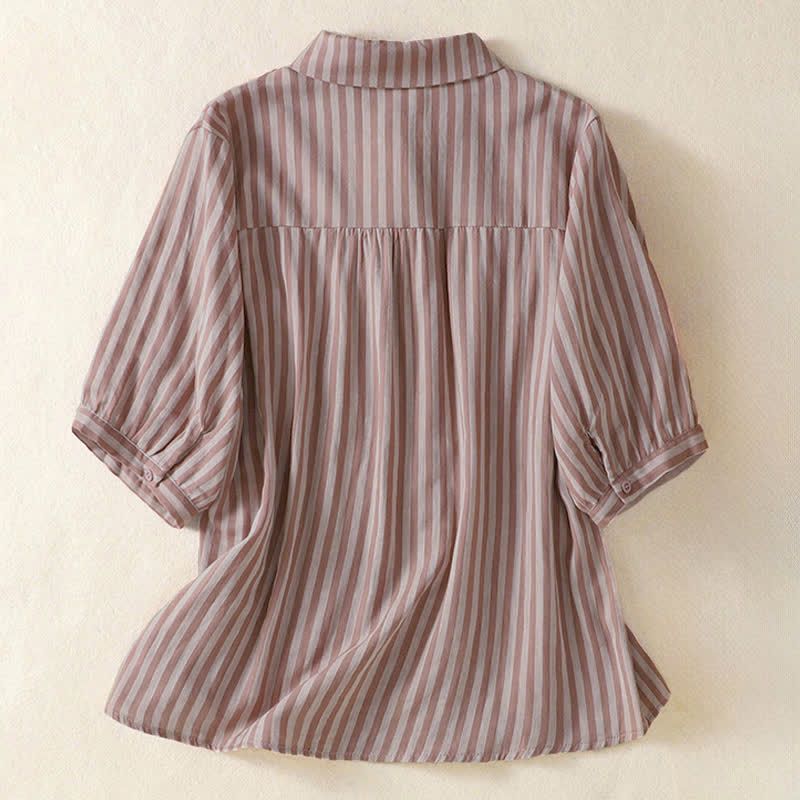 Buddha Stones Camisa de manga corta a rayas para mujer, estilo casual de verano, con botones y bolsillo de parche. - image 9