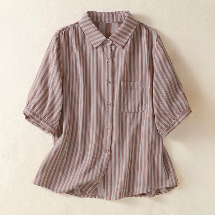 Buddha Stones Camisa de manga corta a rayas para mujer, estilo casual de verano, con botones y bolsillo de parche. - Marrón rosado - US12, UK/AU16, EU44 (3XL) - image 8