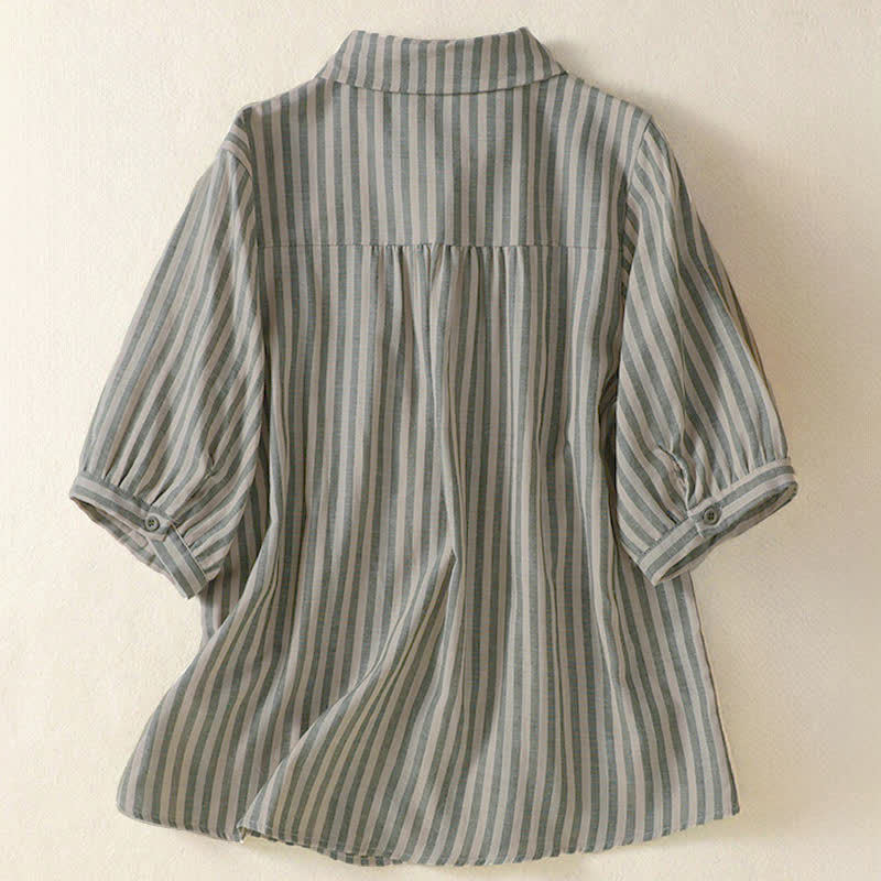 Buddha Stones Camisa de manga corta a rayas para mujer, estilo casual de verano, con botones y bolsillo de parche. - image 1