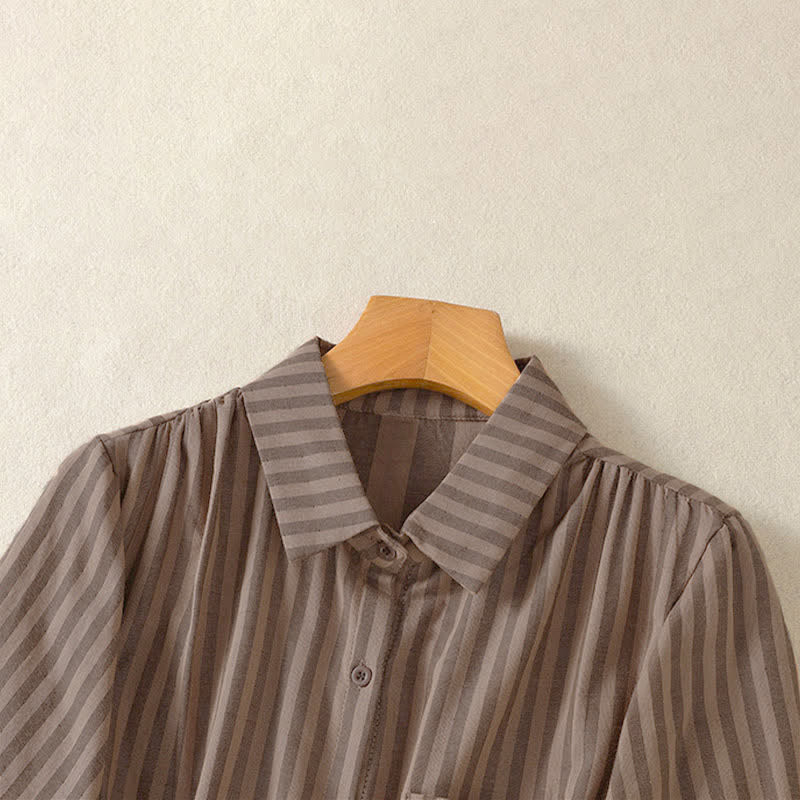 Buddha Stones Camisa de manga corta a rayas para mujer, estilo casual de verano, con botones y bolsillo de parche. - image 17