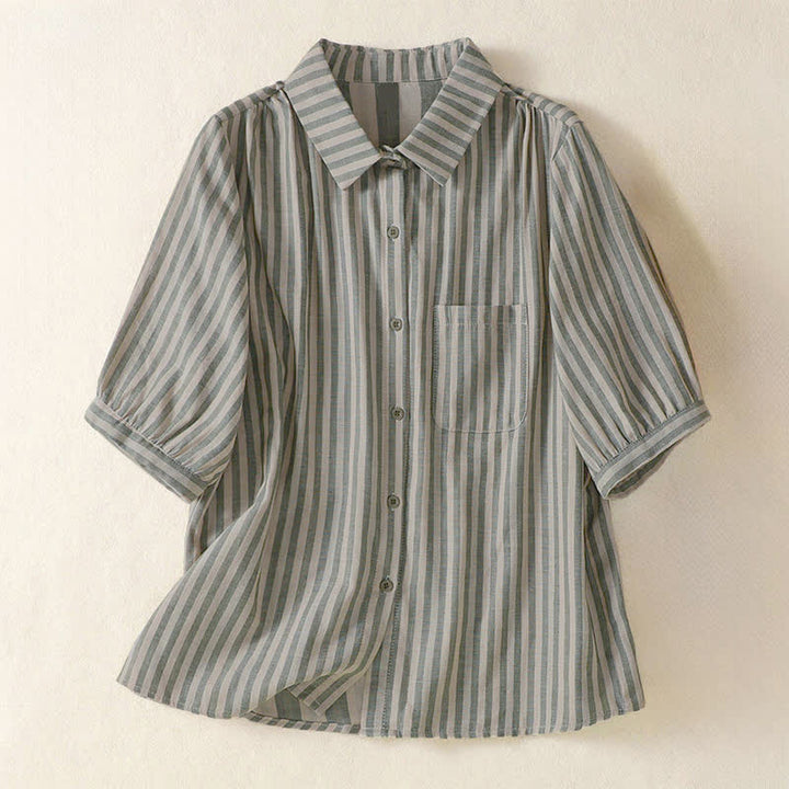 Buddha Stones Camisa de manga corta a rayas para mujer, estilo casual de verano, con botones y bolsillo de parche. - Verde oliva - US12, UK/AU16, EU44 (3XL) - image 0