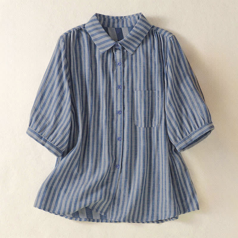 Buddha Stones Camisa de manga corta a rayas para mujer, estilo casual de verano, con botones y bolsillo de parche. - Azul acero - US12, UK/AU16, EU44 (3XL) - image 24