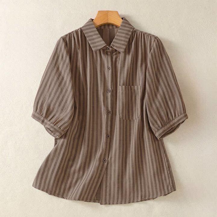 Buddha Stones Camisa de manga corta a rayas para mujer, estilo casual de verano, con botones y bolsillo de parche. - Marrón silla de montar - US12, UK/AU16, EU44 (3XL) - image 14