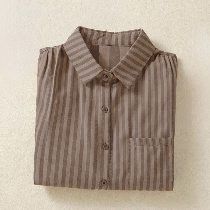 Buddha Stones Camisa de manga corta a rayas para mujer, estilo casual de verano, con botones y bolsillo de parche. - image 16