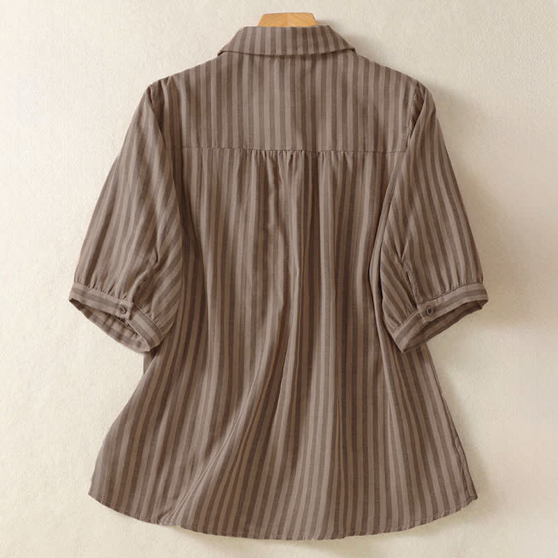 Buddha Stones Camisa de manga corta a rayas para mujer, estilo casual de verano, con botones y bolsillo de parche. - image 15
