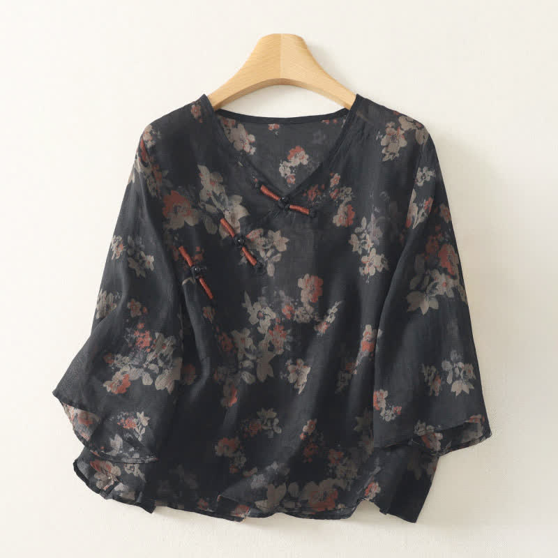 Buddha Stones Camisas de manga tres cuartos para mujer, estilo vintage, con cuello en V, botones de rana y estampado floral, estilo Summer Tang. - Negro - US12, UK/AU16, EU44 (3XL) - image 0