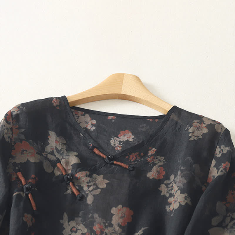 Buddha Stones Camisas de manga tres cuartos para mujer, estilo vintage, con cuello en V, botones de rana y estampado floral, estilo Summer Tang. - image 1