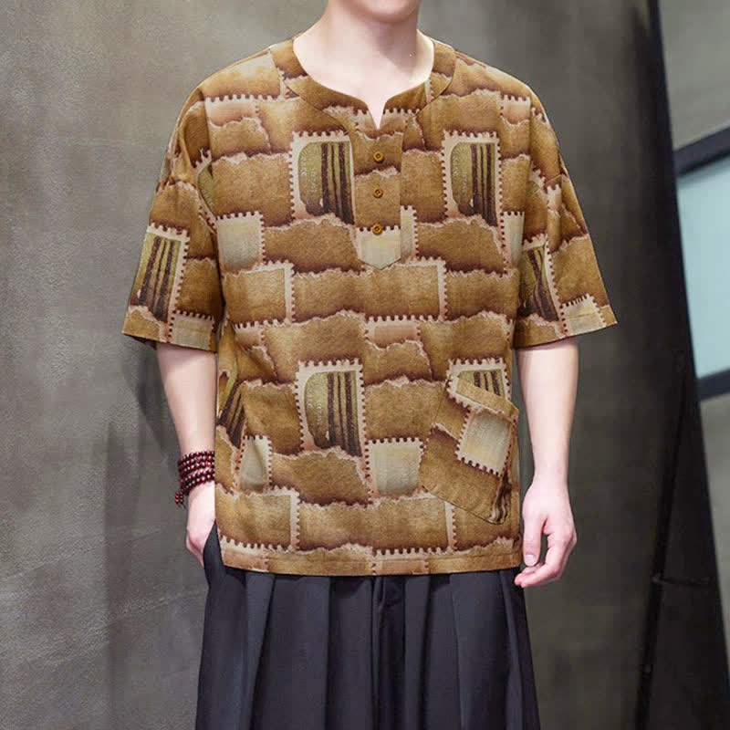 Buddha Stones Camisas de manga corta para hombre con diseño de patchwork a cuadros, estilo bohemio informal de verano y bolsillo de parche. - image 10