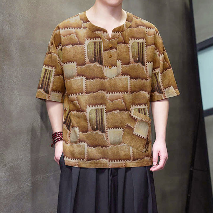 Buddha Stones Camisas de manga corta para hombre con diseño de patchwork a cuadros, estilo bohemio informal de verano y bolsillo de parche. - image 10