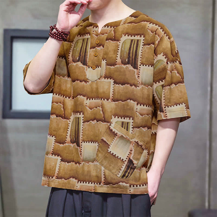 Buddha Stones Camisas de manga corta para hombre con diseño de patchwork a cuadros, estilo bohemio informal de verano y bolsillo de parche. - image 11