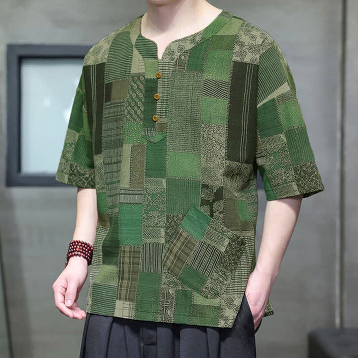 Buddha Stones Camisas de manga corta para hombre con diseño de patchwork a cuadros, estilo bohemio informal de verano y bolsillo de parche. - Verde bosque - US/UK/AU46, EU56 (5XL) - image 0