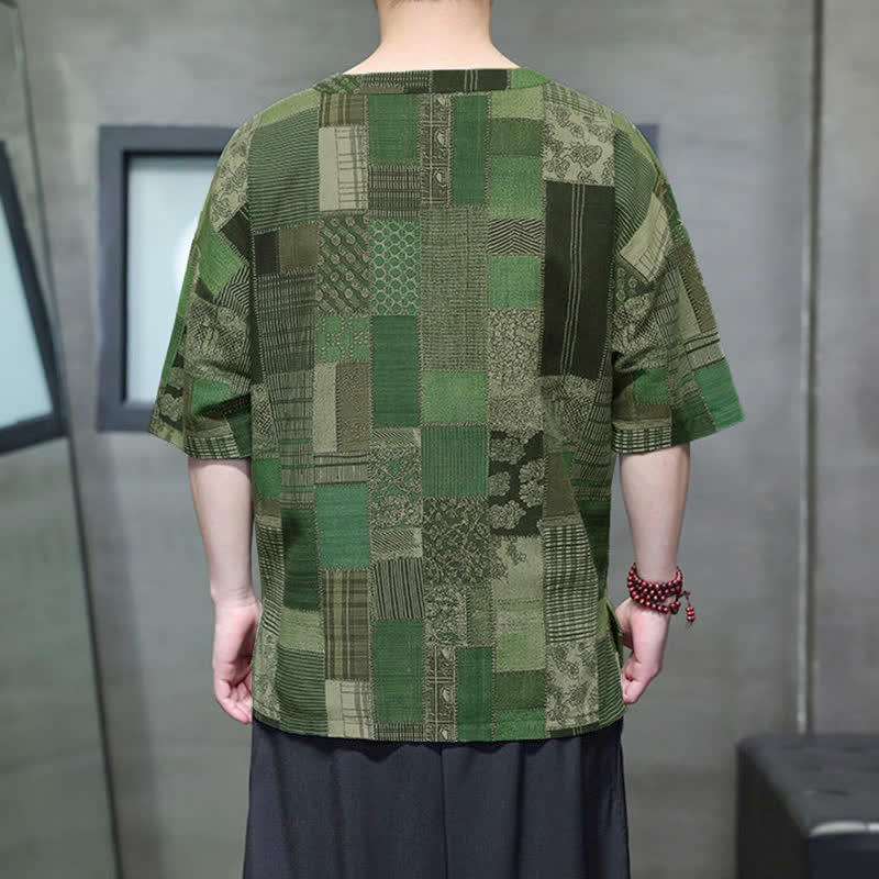 Buddha Stones Camisas de manga corta para hombre con diseño de patchwork a cuadros, estilo bohemio informal de verano y bolsillo de parche. - image 4