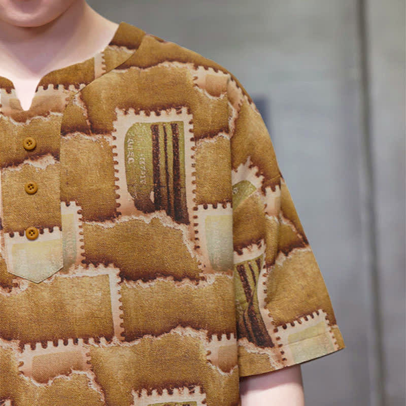 Buddha Stones Camisas de manga corta para hombre con diseño de patchwork a cuadros, estilo bohemio informal de verano y bolsillo de parche. - image 19